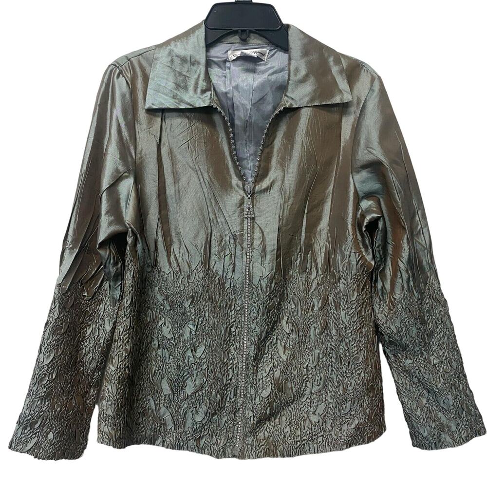 General Apparel Sz Large Green Bling Zip Jacket Top Crinkle Texture Evening
